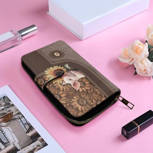 Image of COEQINE Ladies Wallets Pink Leopard Heart Black Printed Leather Phone Long Clutch Purses Check Coin Change Holder