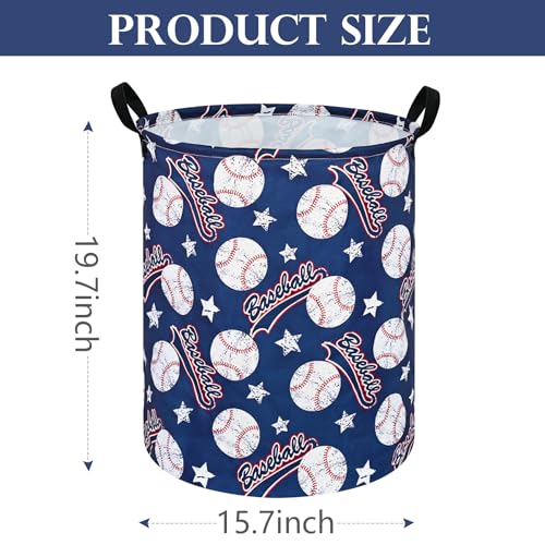 Image of Round Baseball Pattern Laundry Hamper Clothes Storage Basket Fabric Storage Hamper Organization Storage Bin, Nursery Box,Gift Basket with Handles