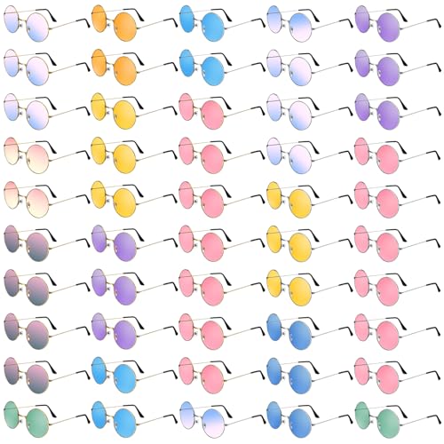 Kanayu 50 Pairs Round Hippie Sunglasses Bulk Circle Colored Disco Glasses Groovy 70s Sunglasses for Party Women Men