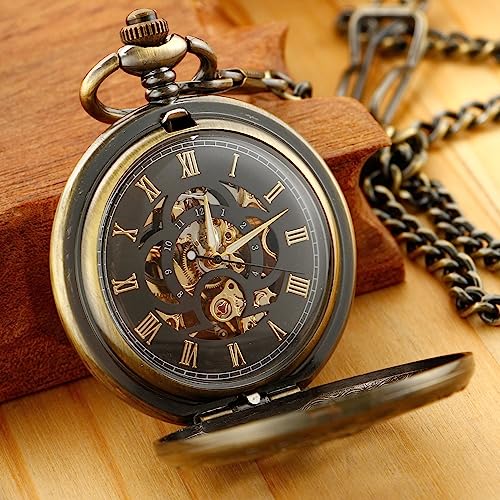 Image of Bronze Retro Mechanical Pocket Watch Skeleton Roman Numerals Hollow Mechanical Pocket Watches with Box
