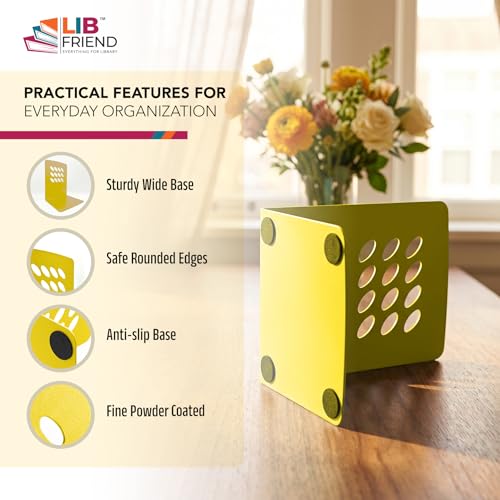 Image of LIBFRIEND Metal Non-Slip Bookends | Powder-Coated L-Shaped Book Holder for Desk, Office, Study Table and Library | Multicolour Options | Set of 2 (Yellow, M)