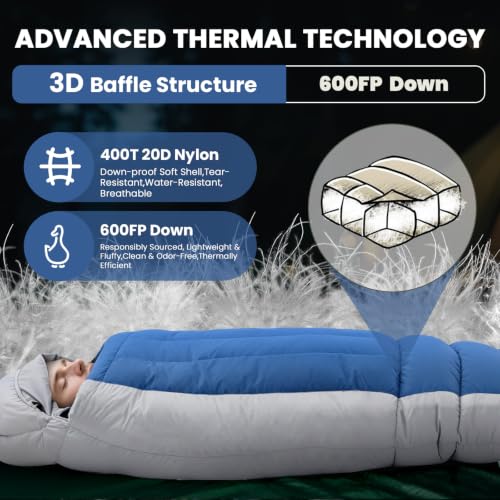 Bolsa de dormir Mummy Down, relleno 600 Fill Power, ligera y compacta, para clima frío y cálido, para camping adulto miniatura 3