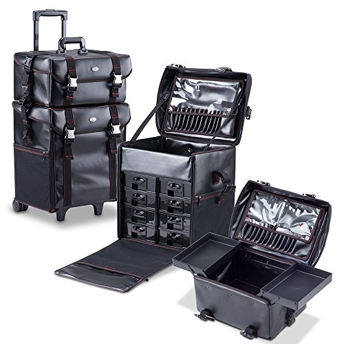 MUA LIMITED 2 in 1 Pro Makeup Artist Case on Wheels, Multifunction Cosmetic Organizer with Removable Drawers, Beauty Trolley, Soft Case with PREMIUM Buckles, ULTIMATE Series - Black Leather