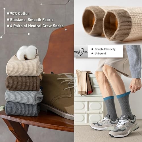ULEEMARK 6-Pack Men's Cotton Crew Socks for Work & Daily Wear, Soft Comfortable Breathable Casual Socks, Size 7-153