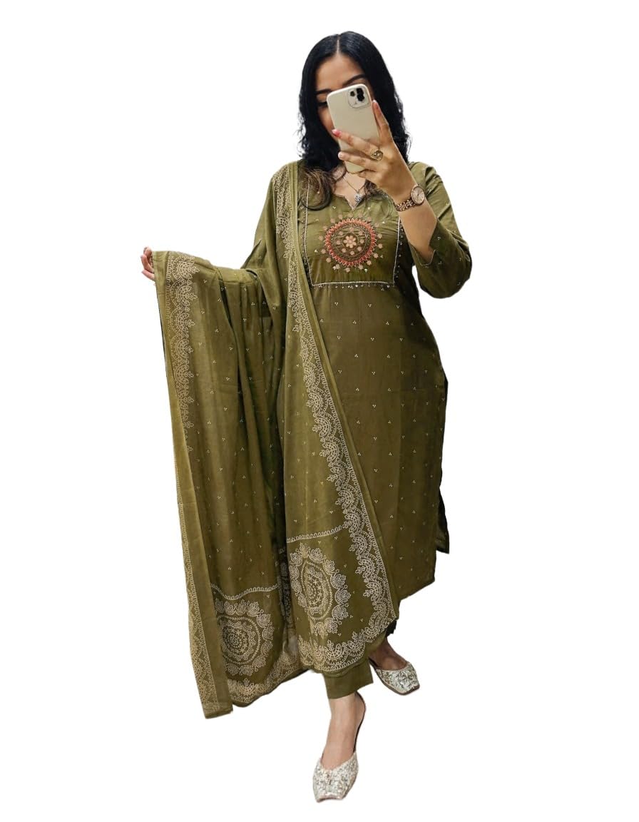 anni designer Women's Rayon Viscose Straight Embroidered Kurta with Pant & Dupatta-picture-36