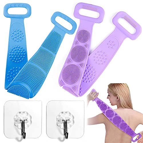 ZYNERY 2pcs Back Scrubber for Shower, Silicone Body Brush Back Washer, Soft Lengthened Bath Brush for Body Exfoliating Back Deep Cleaning (Blue and Purple)