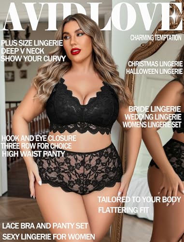 Avidlove Plus Size Lingerie Set for Women Sexy Lace Halter Bralette High Waist Panty Set2