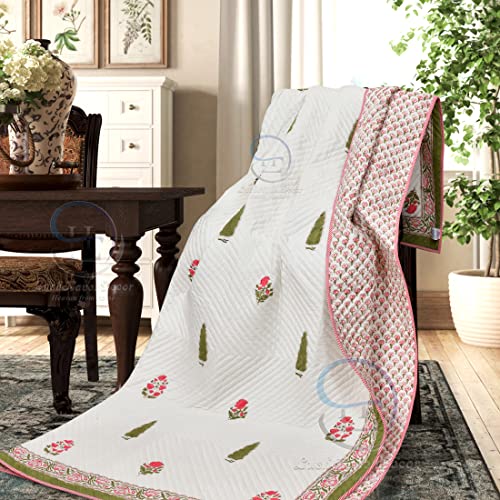 Image of 380 GSM Jaipuri Hand Block Flower and Tree Design Printed Reversible Pure Cotton Double Bed Winter and Summer Quilt Razai - King Size Red, Green, Cream and Multicolor, Rajai
