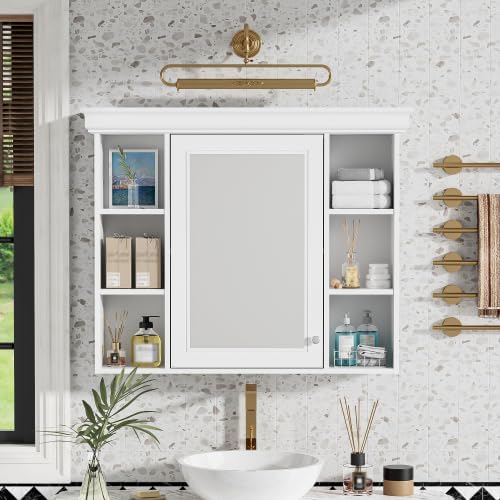 35'' x 28'' White Wall Mounted Bathroom Storage Cabinet with Mirror Door