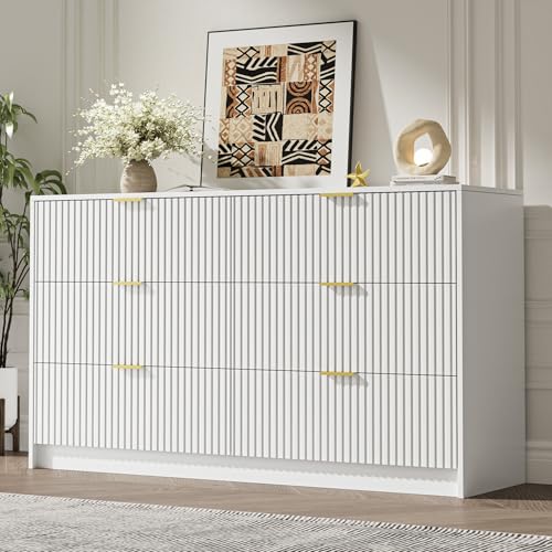 Image of MAISONARIA White 6 Drawer Dresser for Bedroom, 55 inch Wide Modern Chest of Drawers with Gold Metal Handles, Fluted Wood TV Stand for Living Room, Hallway