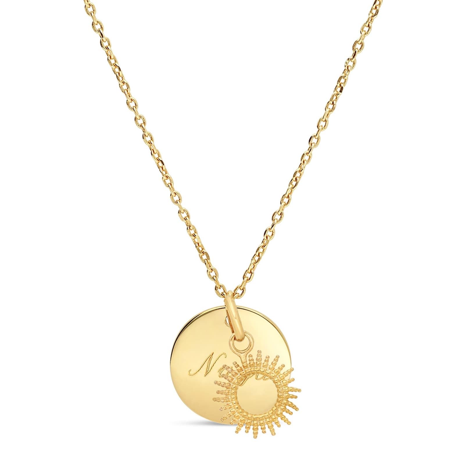 Collier enfant médaille gravée et charm soleil, plaqué or - Idée cadeau pour Noël - Anniversaires - Baptême - Communion