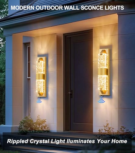 Image of 18.5 inch Gold Outdoor Wall Light Fixture,12W Dusk to Dawn LED 1-Pack | IP65 Waterproof, Ripple Crystal, Hardwired Modern Exterior Sconce, Auto On /Off, for Porch Patio Hallway Entryway House