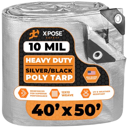 Image of Heavy Duty Poly Tarp - 40' X 50' -10 Mil Thick Waterproof, UV Blocking Protective Cover - Reversible Silver and Black - Laminated Coating - Grommets - by Xpose Safety