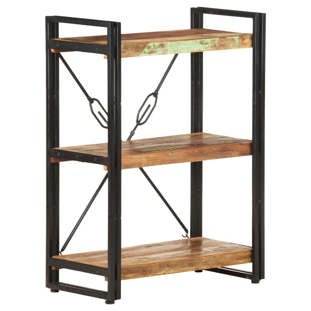 Regał na książki z litego drewna z recyklingu, 60 x 30 x 80 cm, 3 półki, styl przemysłowy, regał stojący do biura i domu, drewniany regał w stylu vintage