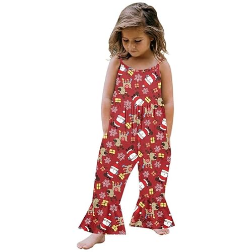 Image of DOOLECK Kids Little Girls Christmas Jumpsuit Sleeveless Sling Graphic Printed Bell-Bottom Pants Christmas Clothes Set
