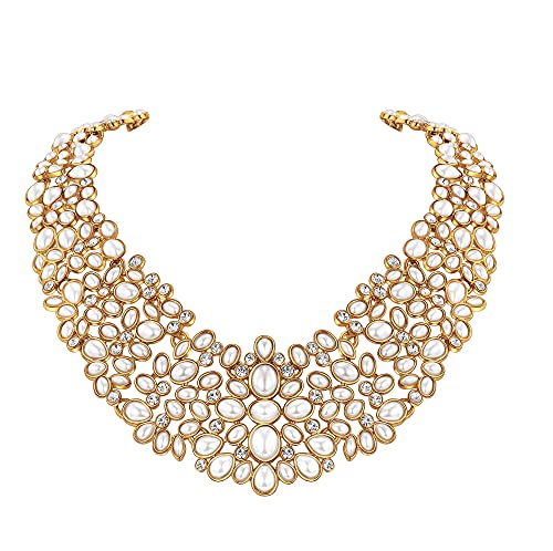Famarine Pearl Statement Necklace For Women Crystal Rhinestone Collar Necklace Costume Jewelry Dress Wedding Necklace, Gold #TOP27