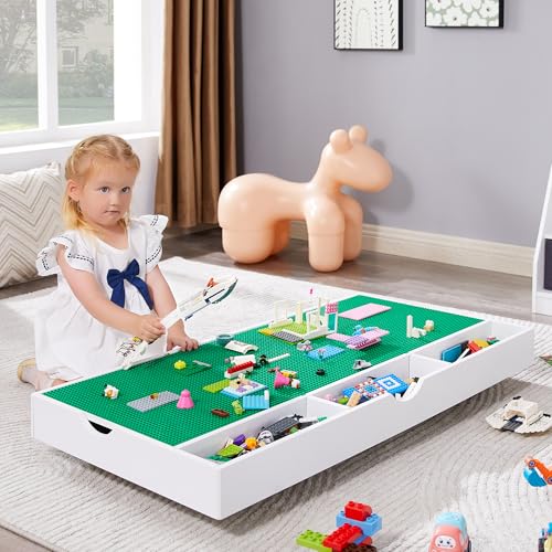3 in 1 construction play table compatible with lego game table with block board and train car rolling game table with locking wheels and storage space suitable for storing under bed or sofa white