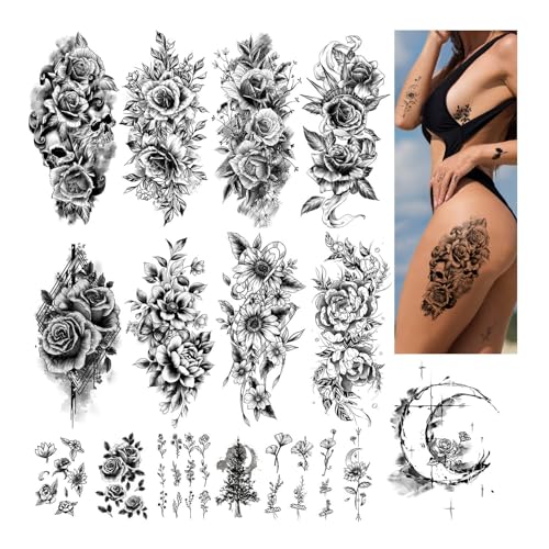Acevegue Tatouage Ephemere Femme, 16 Feuilles Fleurs Rose Lotus Lune Autocollant Tatouage Adulte, 3D Réaliste Sexy Noir Faux Tatouage à Coller pour Filles...