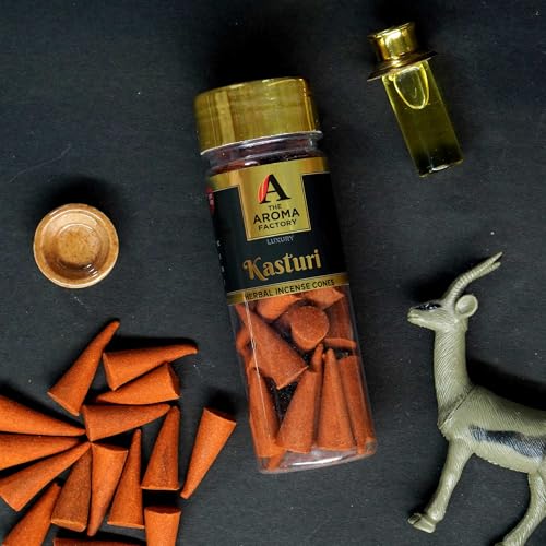 Image of The Aroma Factory Incense Dhoop Cone for Pooja, Kasturi (100% Herbal & 0% Charcoal) 1 Bottle x 30 Cones
