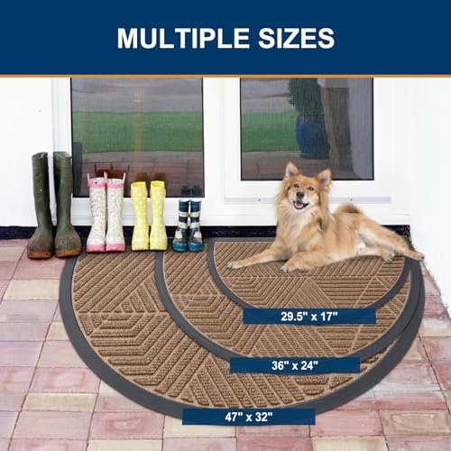 Image of Smiry Half Circle Front Door Mat Outside Entrance, Heavy Duty Sturdy Natural Rubber Doormat, Trap Dirt and Moisture, Low Profile Mats for Indoor Outdoor Entry, Irregular Triangle (35x23, Coffee)