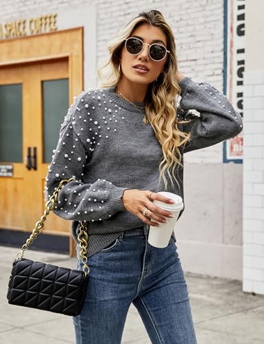 Blooming Jelly Women's Chunky Sweater Crewneck Sweatshirt Knit Lantern Sleeve Oversized Pullover Sweater with Pearls3