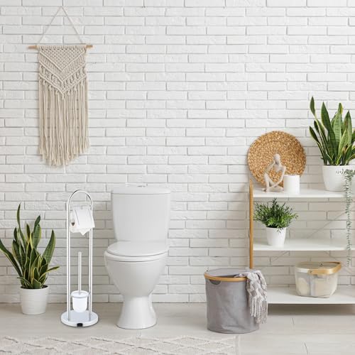 Image of Relaxdays Toilet Brush Holder Stainless Steel H x D 79 x 22 cm Standing Toilet Paper Holder Toilet Brush with Brush Holder Silver