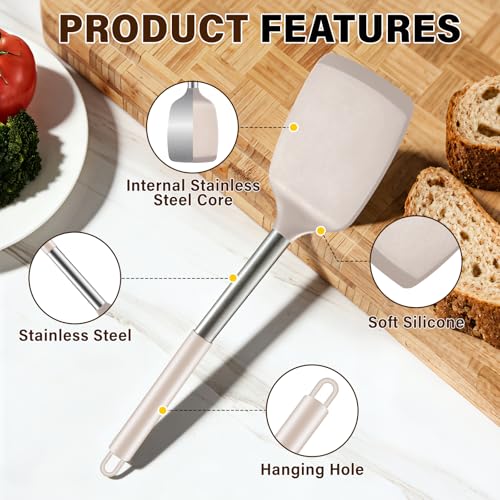 Image of 5Pcs Silicone Cooking Utensils Set, Heat Resistant Kitchen Tools Include Solid&Slotted Spatula, Cooking Spoon and Pasta Server, Silicone Kitchen Utensils set for Nonstick Cookware Flipping, Khaki