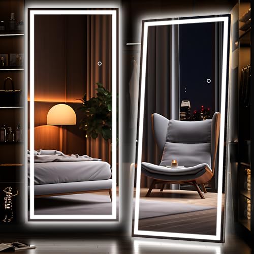 Hasipu Full Length Mirror with Lights 180x60cm LED Lighted Floor Standing Mirror 3 Color Lighting Full Body Dressing Hanging Mounted Mirrors Dimmable Tempered Glass Safe to Use