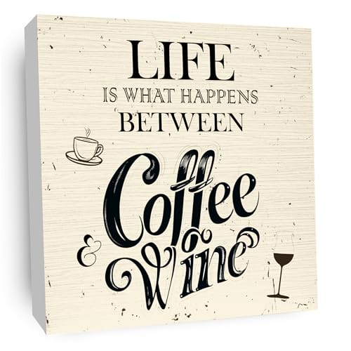 Life Is What Happens Between Coffee and Wine Wooden Box Sign Funny Coffee Sign, Home Bar Tabletop Decor for Kitchen Cafe Bar, 5x5 Inch