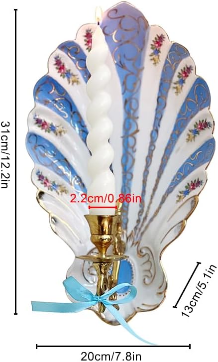 Blue White Ceramic & Brass Shell Shape Wall Candle Sconces with Blue Bow Ribbon Decor,Vintage Handcrafted Wall Candle Holder for Living Room Bedroom Dining Room (Blue)