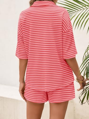 Image of Tankaneo Womens Striped 2 Piece Sets Short Sleeve Lounge Set | Button Down, Waffle Knit, Pajama Lounge Set, Summer Outfits