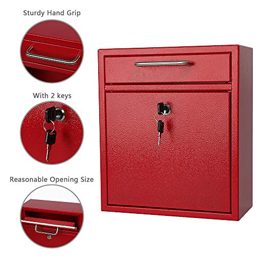 Kyodoled Steel Key Lock Mail Boxes Outdoor,Locking Wall Mount Mailbox,Security Key Drop Box,12H X 10.51L X 4.68W Inches,Red Large #TOP2