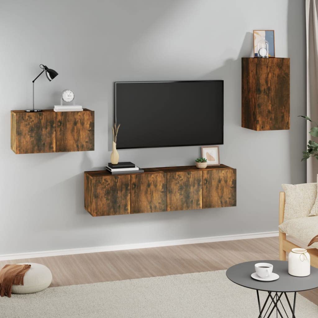 Générique Set mobile TV 4 pezzi Chene Fume, legno Ingenierie | Design da parete, grande spazio per riviste DVD, porte antipolvere, facile da pulire
