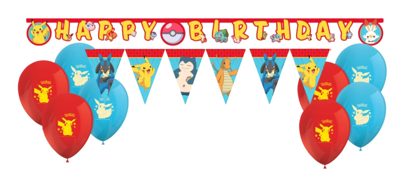 Kit Compleanno Pokemon per 24 Persone - Set Festa (24 Piatti, 24 Bicchieri, 40 Tovaglioli, 8 Palloncini, 1 Tovaglia, Festone, Bandierine) - Addobbi Tema Pokemon per Bambini