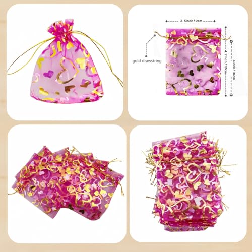 Image of 100 Pack 3.5 x 4.7 Inch Organza Jewelry Gift Pouch B921, Fuchsia Heart | Candy Pouch, Drawstring, Wedding Favor Bags