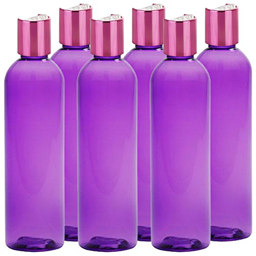 MoYo Natural Labs 4 oz Travel Bottles, Empty Travel Containers with Disc Caps, BPA Free PET Plastic Squeezable Toiletry/Cosmetic Bottle (Neck 20-410) (Pack of 6 Purple with Shimmering Pink Color)