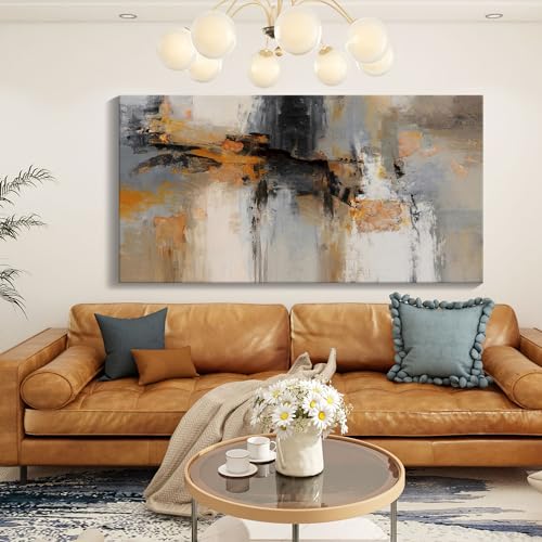 Image of Abstract Canvas Wall Art - Large Framed Gray and Orange Paintings - Modern Wall Art Decor for Living Room & Office - Includes Pictures for Home Decoration Artwork for Bedroom 24x48IN