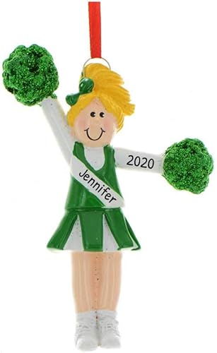 Miniatura 1 de Adornos de Navidad personalizados de animadora rubia, uniforme verde, 2023, decoraciones personalizadas de animadora, ideales para escuadrones de