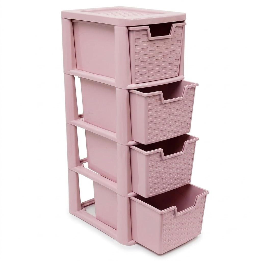 ORYNTO Medium Rattan Effect Plastic Storage Drawers Tower Spacious Plastic Drawers Organizer Unit for Home Office Bedroom Garage Durable Stylish Multi Purpose Storage Drawers (4 Tier, Rattan Pink)