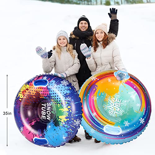 Finduwill Snow Tube, 2 Pack 35'' Inflatable Snow Tubes Sleds For Kids Sledding Heavy Duty, Big Sledding Tubes With Double Layer Bottom, Sturdy Handle Snow Tube Toys For Kids Toddler Adults(Set Of 2) #TOP5