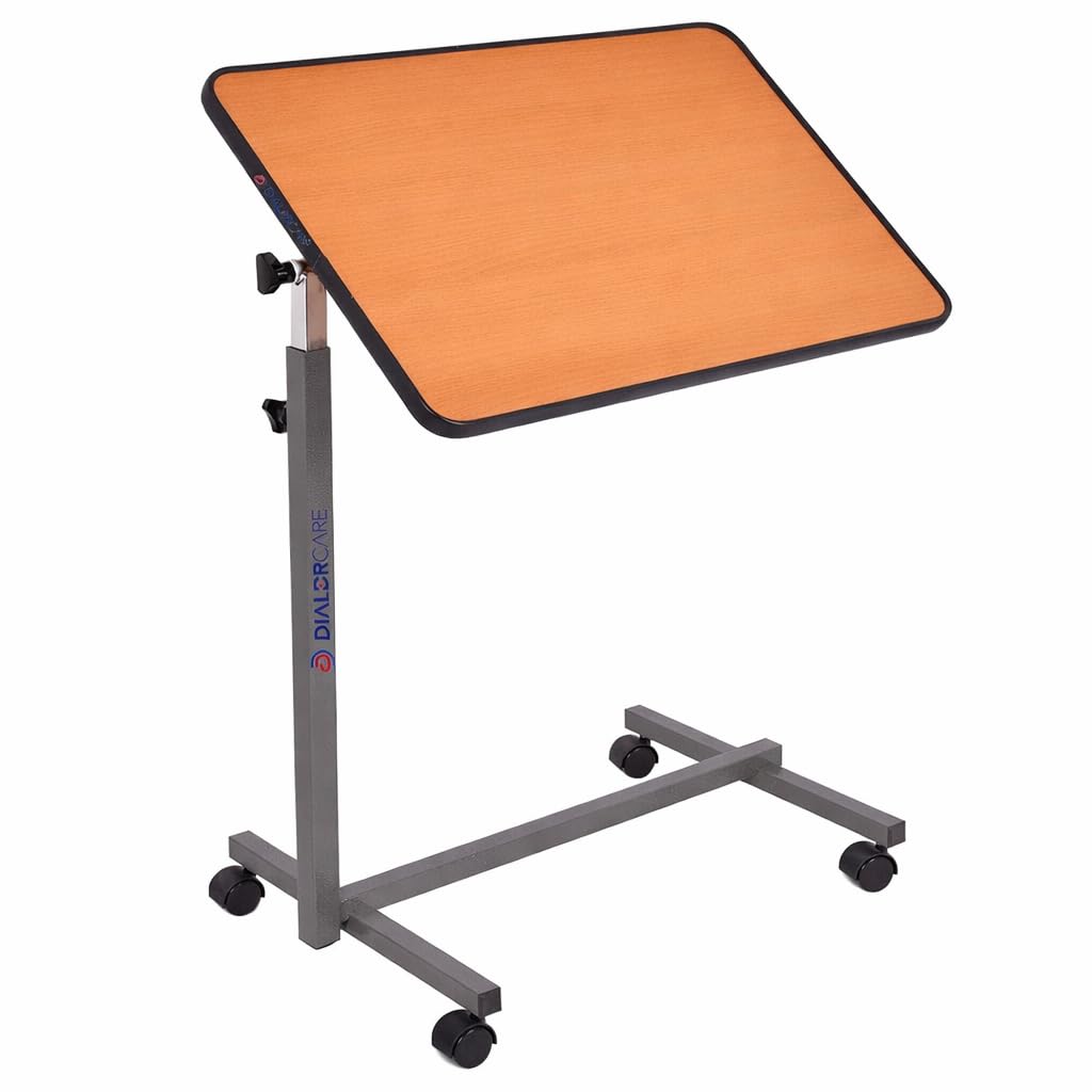 Metal Medical Height Adjustable Bedside Table With Rolling Wheels For Hospital And Home Use (Brown)