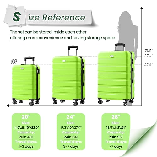 AnyZip Luggage Sets 3 Piece Hardshell Suitcase Set PC ABS Lightweight Travel Suitcases with 4 Double Spinner Wheels TSA Lock 20 24 28 Inch Apple Green3