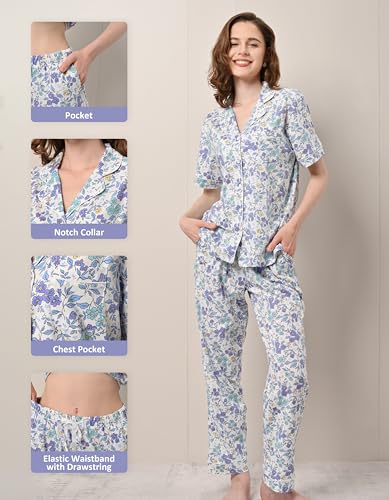 Image of NAP BOUND 100% Cotton Women's Pajama Sets Short Sleeve Button Down Soft Pjs 2 Piece Lounge Set with Pocket Nightwear XS-XXL