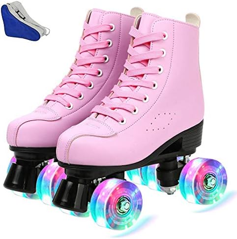 Women's Roller Skates PU Leather High-top Roller Skates Four-Wheel Roller Skates Double Row Shiny Roller Skates for Indoor Outdoor (Pink flash,43-US: 10)