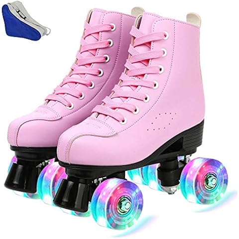 Buric Womens Roller Skates PU Leather High-top Roller Skates 4 Wheel Roller Skates Girls Shiny Outdoor Skates Adult Youth (Pink Flash,42) Cover