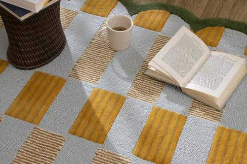 Image of Hand Tufted Checkered 100% Wool Area Rug with Scalloped Edges - 7x10 Ft | Rectangular Light Blue Base, Mustard and Beige Blocks, Olive Green Scalloped Edge, Cotton Backing 10 -15 mm Plush Pile Carpet