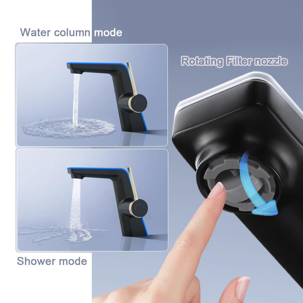 Grifos de baño de temperatura, sin visualización eléctrica de temperatura, grifos de lavabo de baño de un solo mango (moderno, negro dorado)