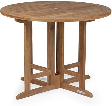 TITAN GREAT OUTDOORS Ash & Ember Luna Grade A Teak 39" Round Dining Table, Drop Leaf Design, Indoor Outdoor Patio or Porch Dining, Weather Resistant Solid Wood with Umbrella Hole