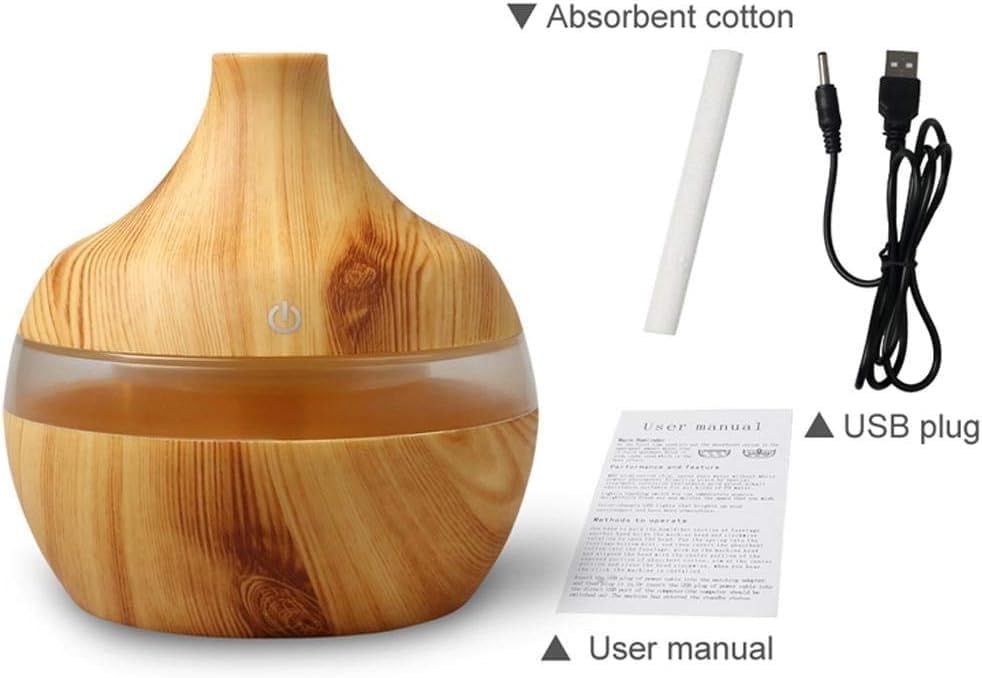 mobigon Wood Cool Mist Ultrasonic Humidifier for Room Moisture, Aroma Diffuser for Home, 300ml Essential Oil Diffuser with 7 Colorful Night Light, Auto Shut-Off, Home, Office, car (D.Light Brown)