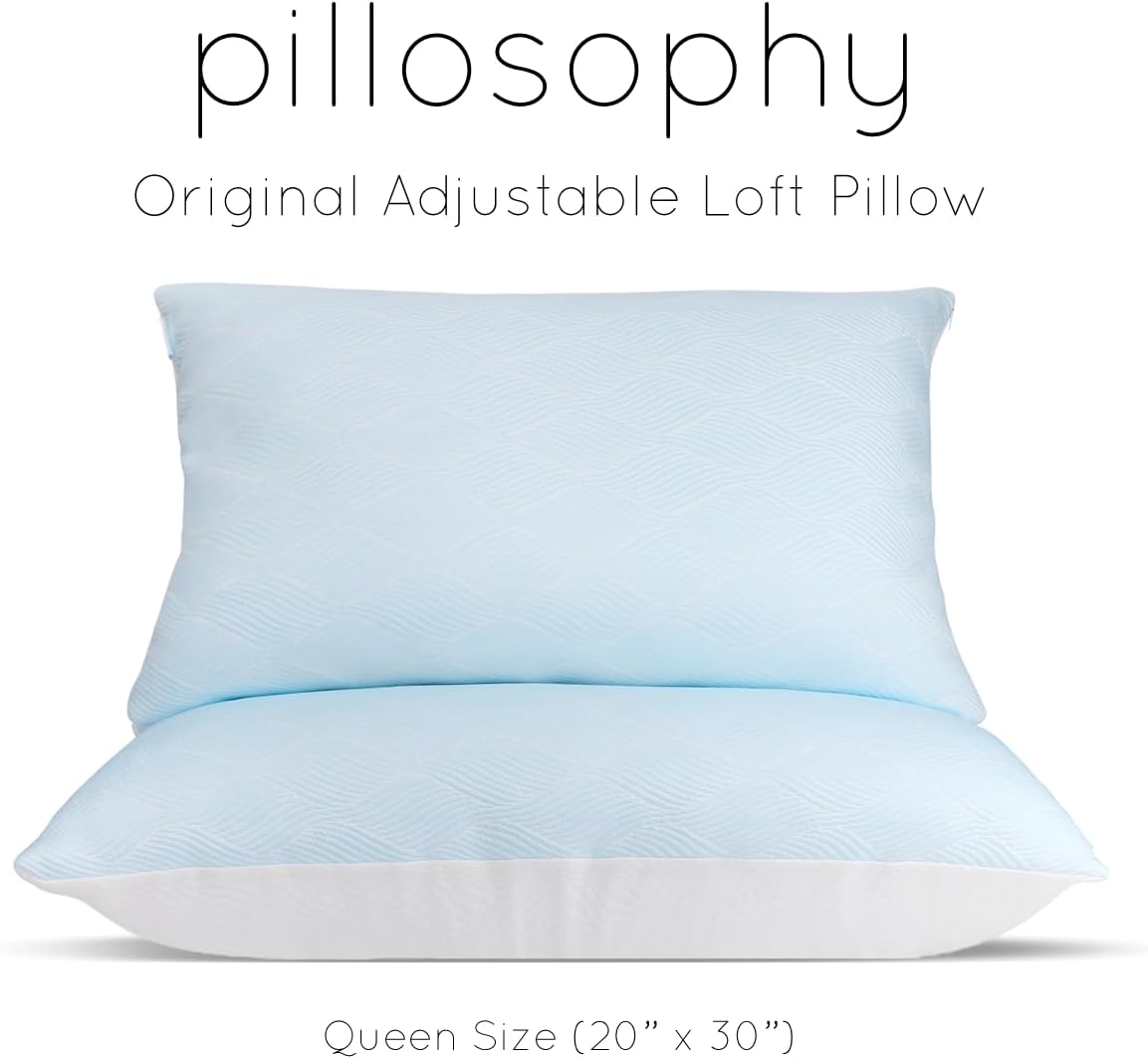 pillosophy Original Adjustable Loft Pillow • Gel-Infused Shredded Memory Foam Fill • Dual-Sided Washable Cooling Cover • Perfect for Back, Side, Stomach Sleepers (Queen Size, 1-pack)